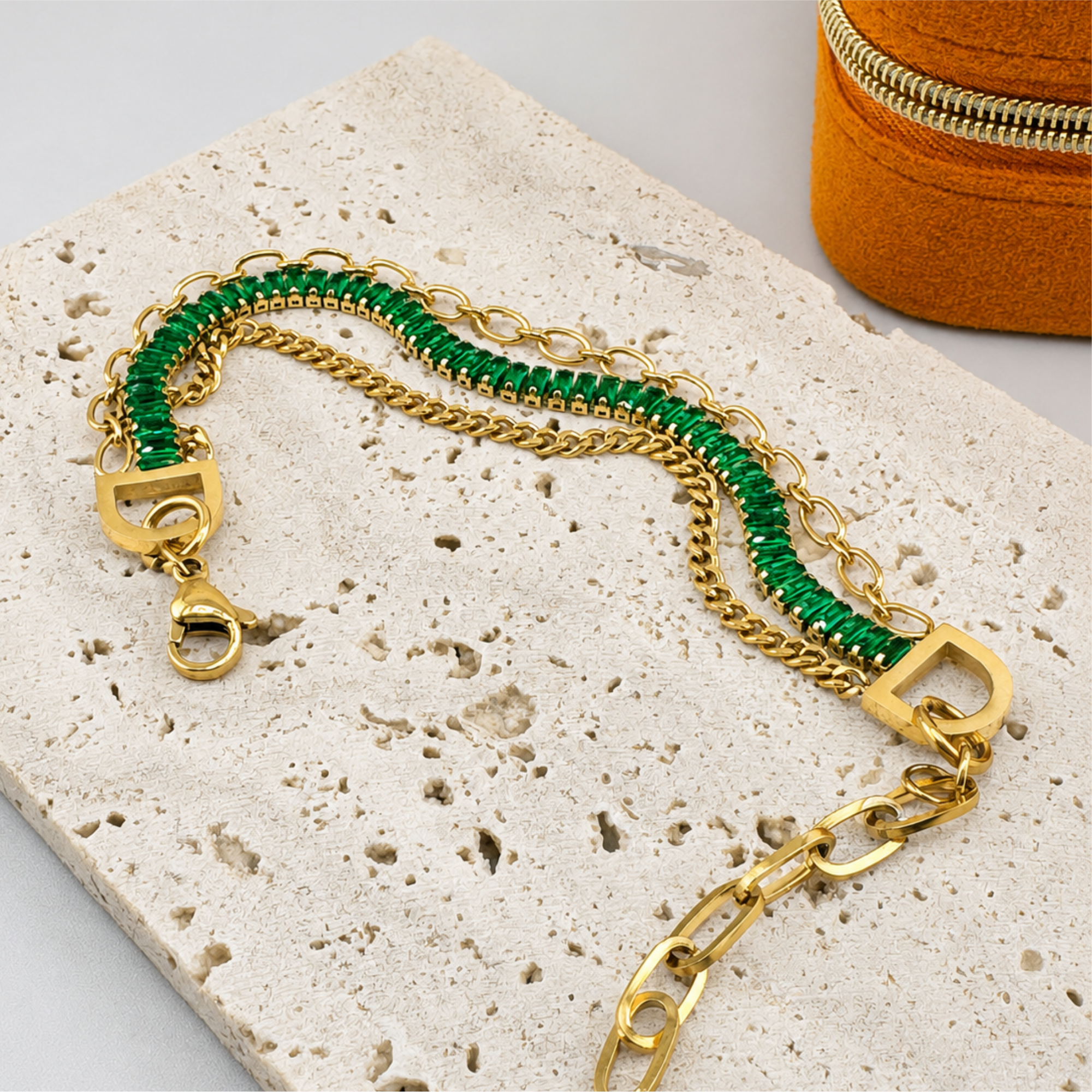 Emerald Crystal Layered Bracelet 18K Waterproof