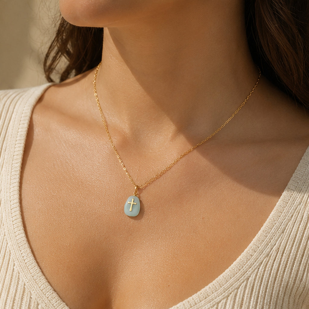 Turquoise Medal Cross Necklace 18K Waterproof