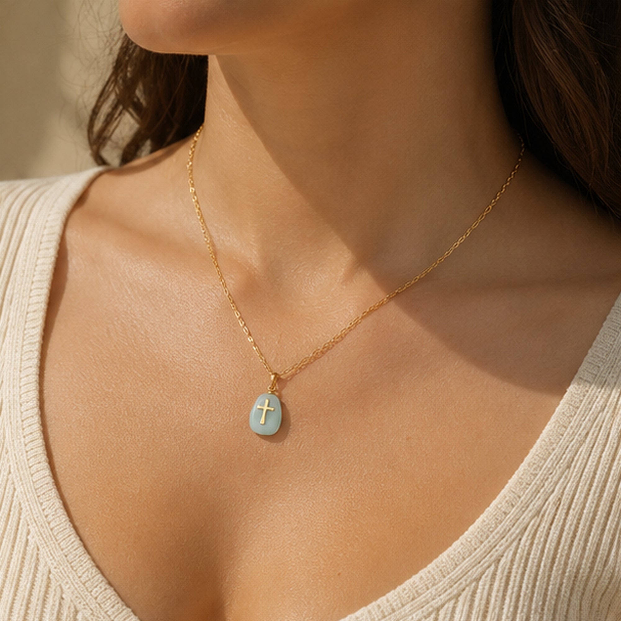 Turquoise Medal Cross Necklace 18K Waterproof