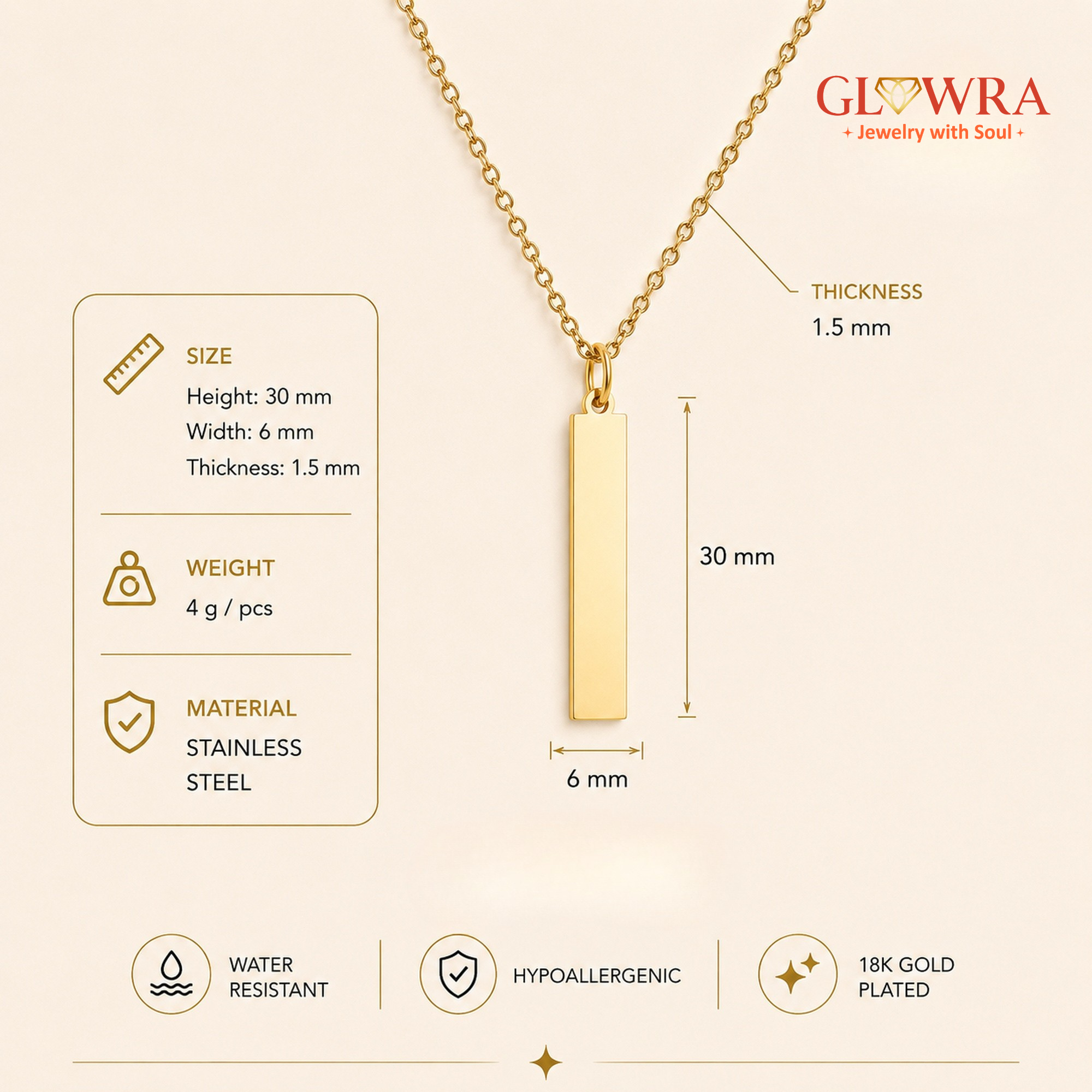 Personalized Bar Necklace 18K Waterproof