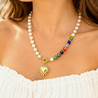 Pearl Necklace with Multicolor Heart Sun Pendant 18K Waterproof