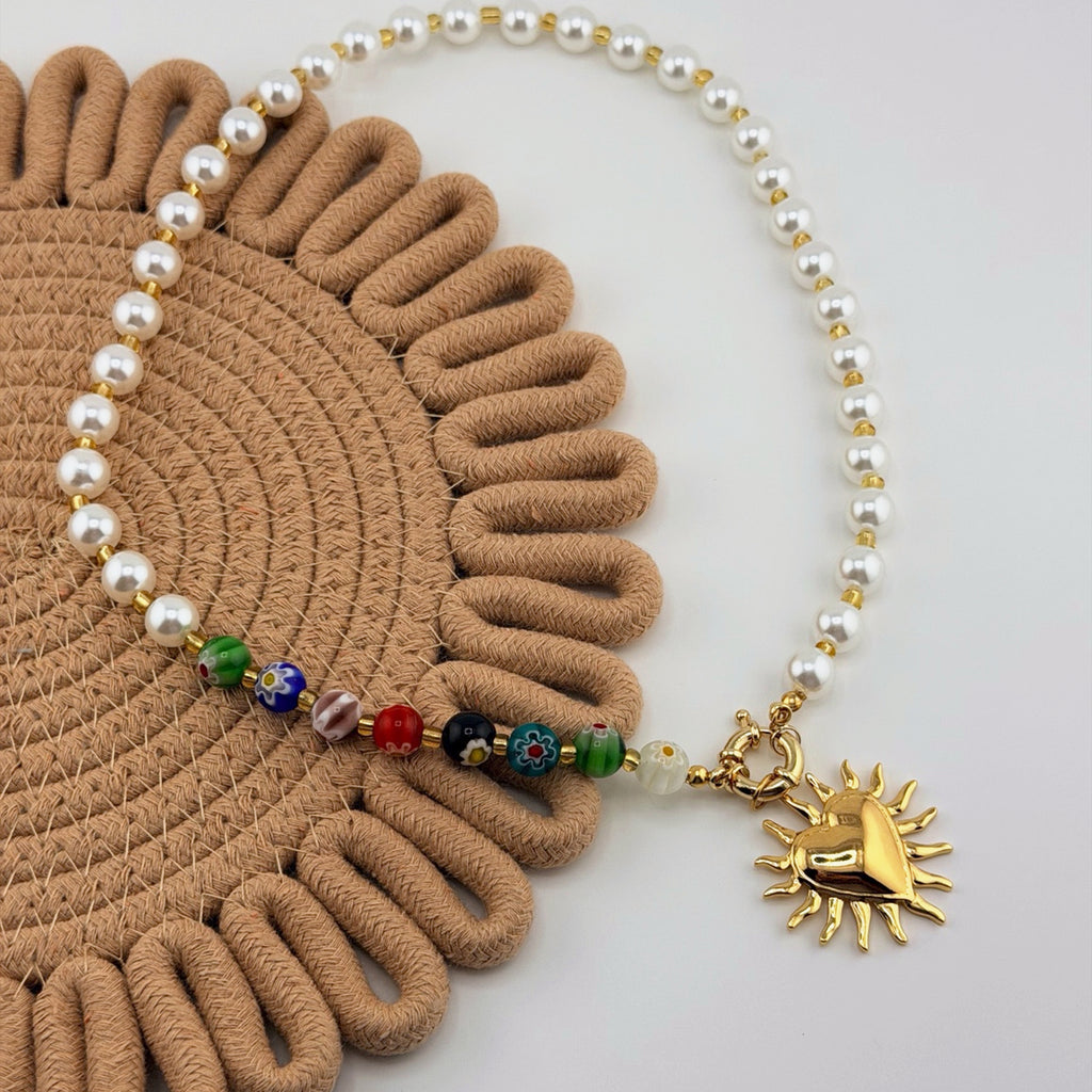 Pearl Necklace with Multicolor Heart Sun Pendant 18K Waterproof