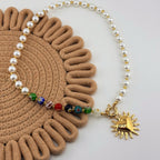 Pearl Necklace with Multicolor Heart Sun Pendant 18K Waterproof