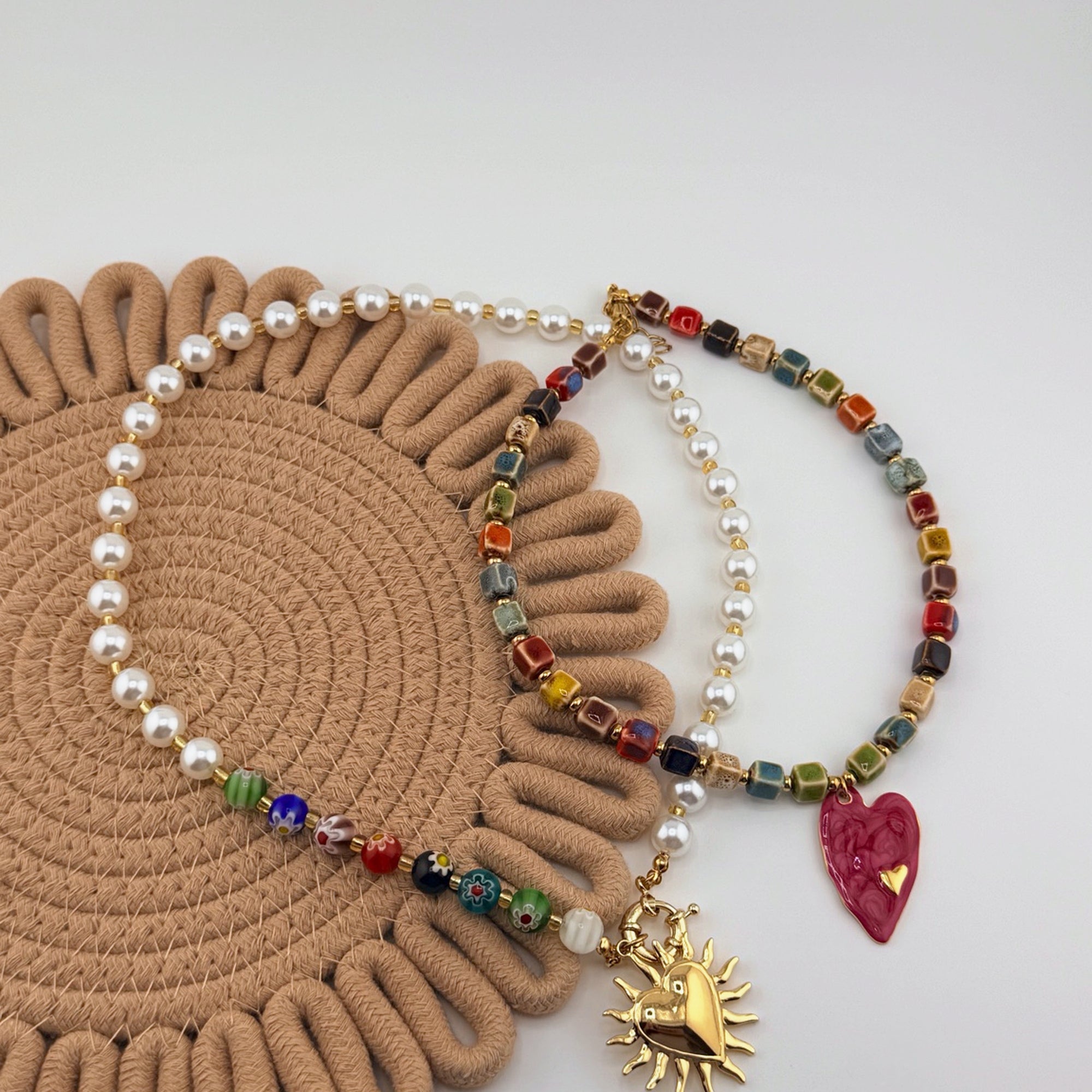 Pearl Necklace with Multicolor Heart Sun Pendant 18K Waterproof