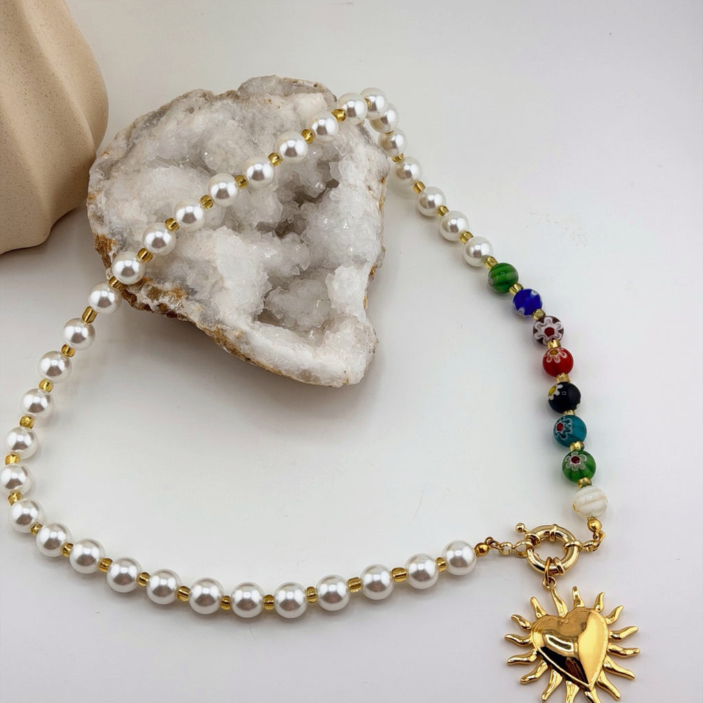 Pearl Necklace with Multicolor Heart Sun Pendant 18K Waterproof
