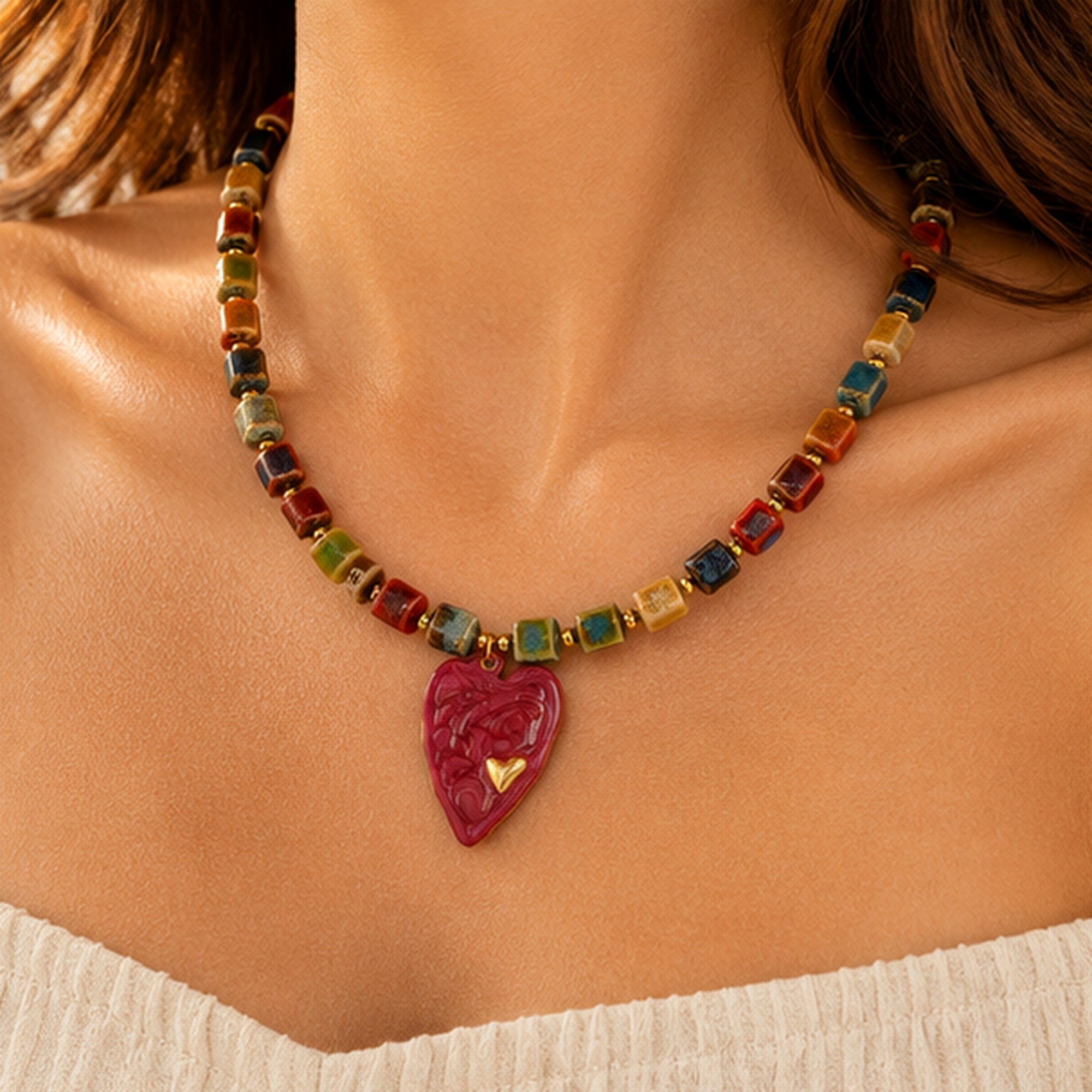 Fuchsia Heart Beaded Necklace 18K Waterproof
