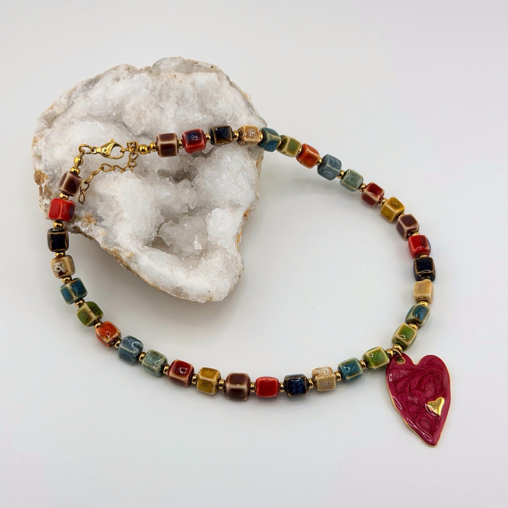 Fuchsia Heart Beaded Necklace 18K Waterproof