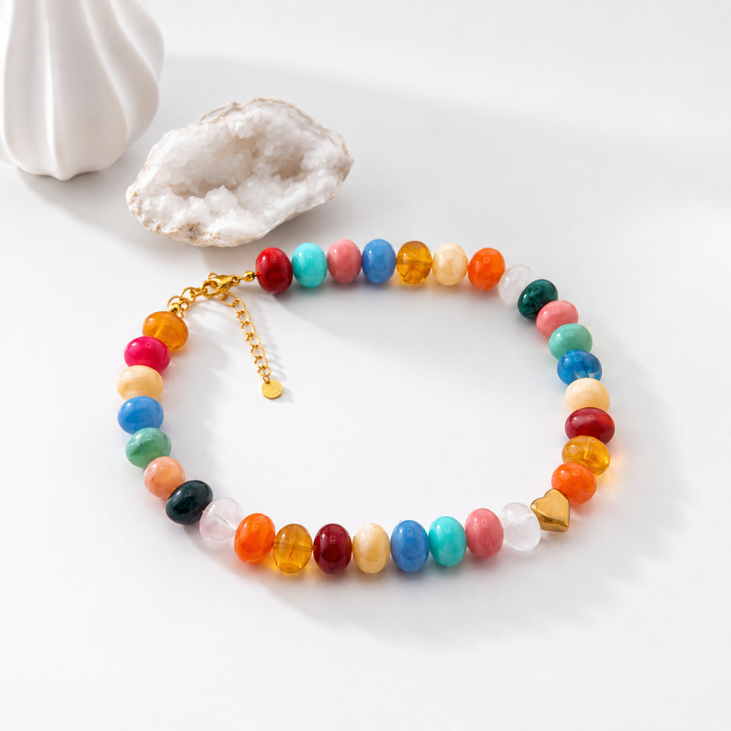 Multicolor Beaded Necklace with Heart 18K Waterproof