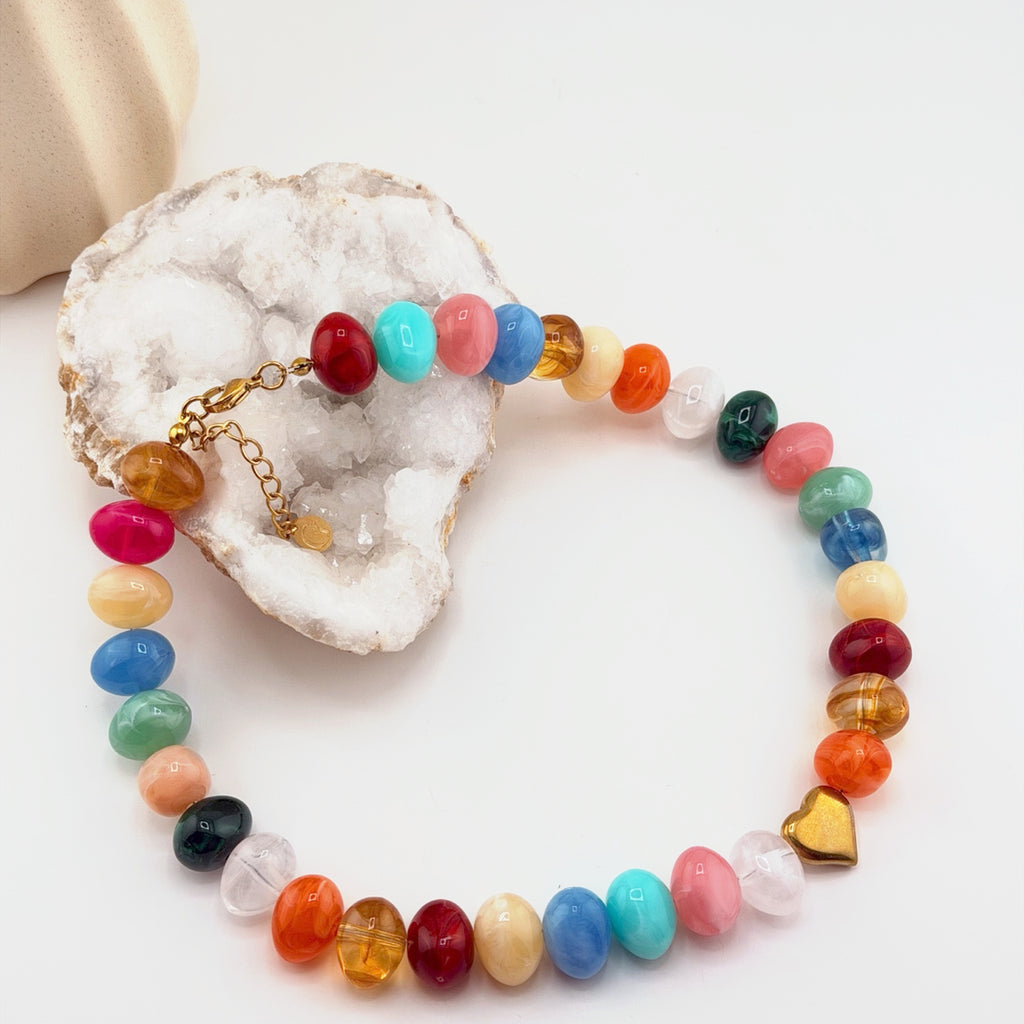 Multicolor Beaded Necklace with Heart 18K Waterproof