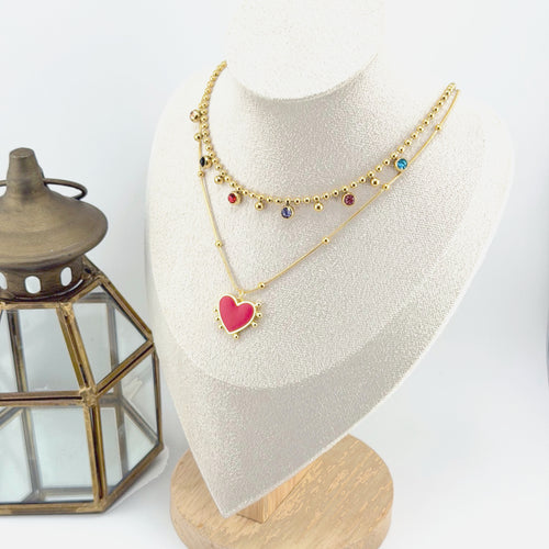 Bead Chain Necklace with Multicolor Stones 18K Waterproof
