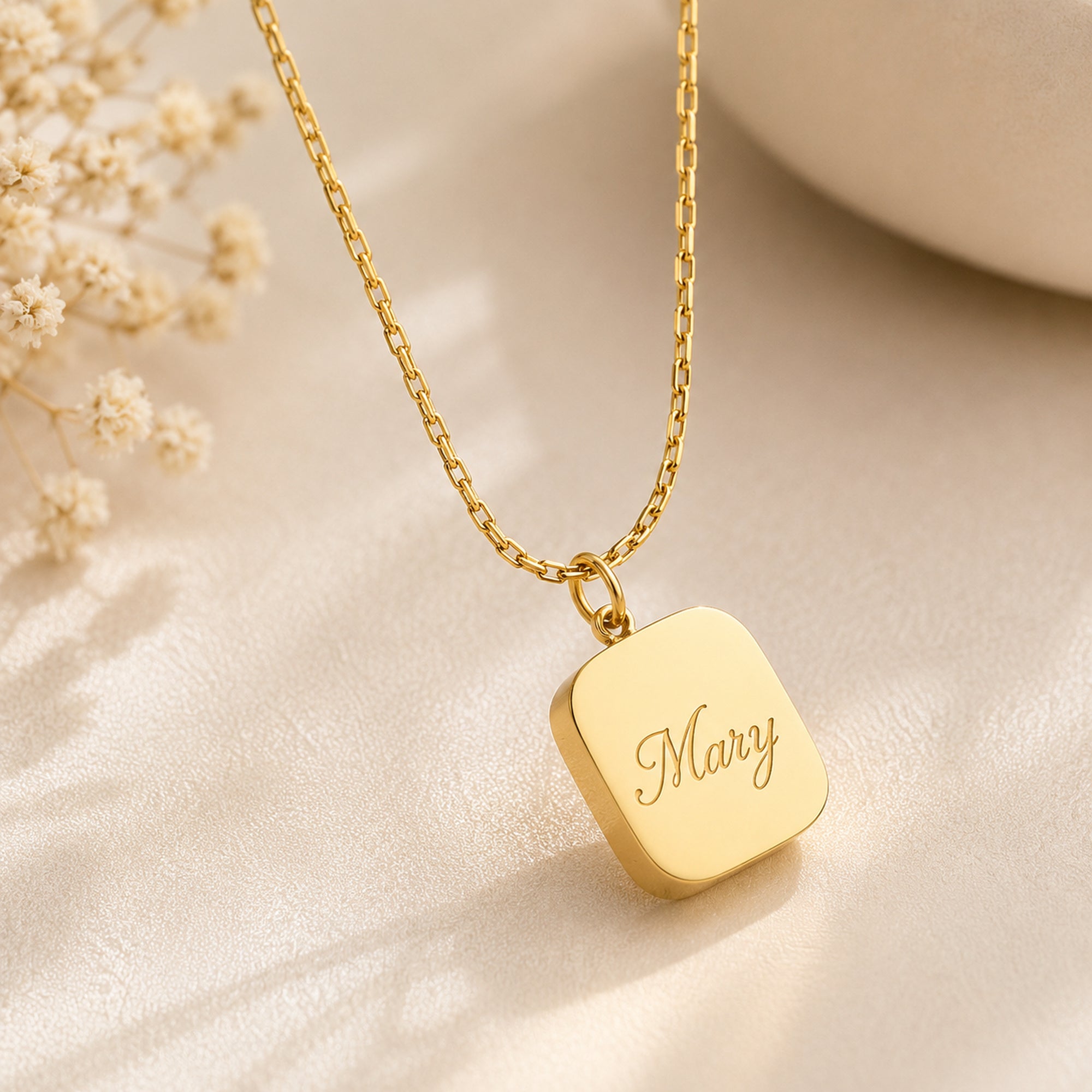 Personalized Square Pendant Necklace 18K Waterproof