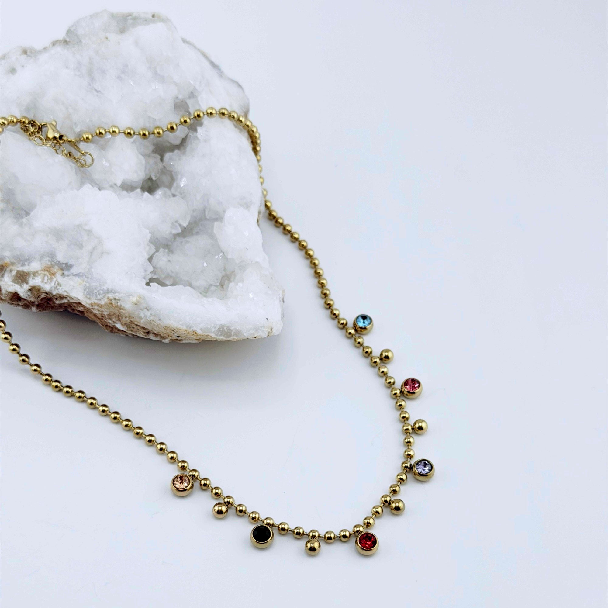 Bead Chain Necklace with Multicolor Stones 18K Waterproof
