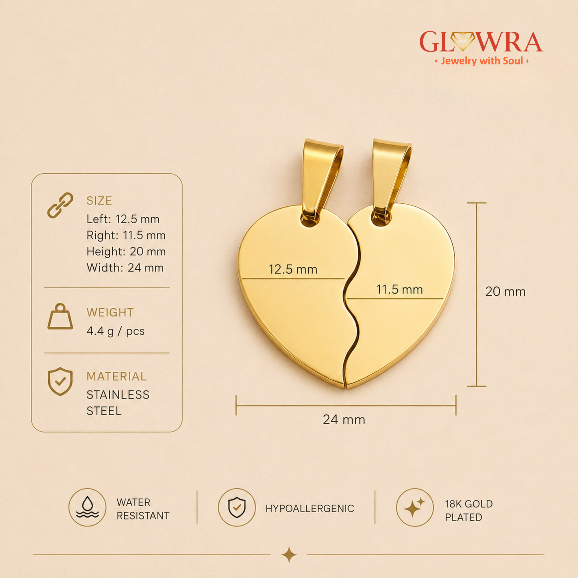 Personalized Split Heart Pendant Set 18K Waterproof