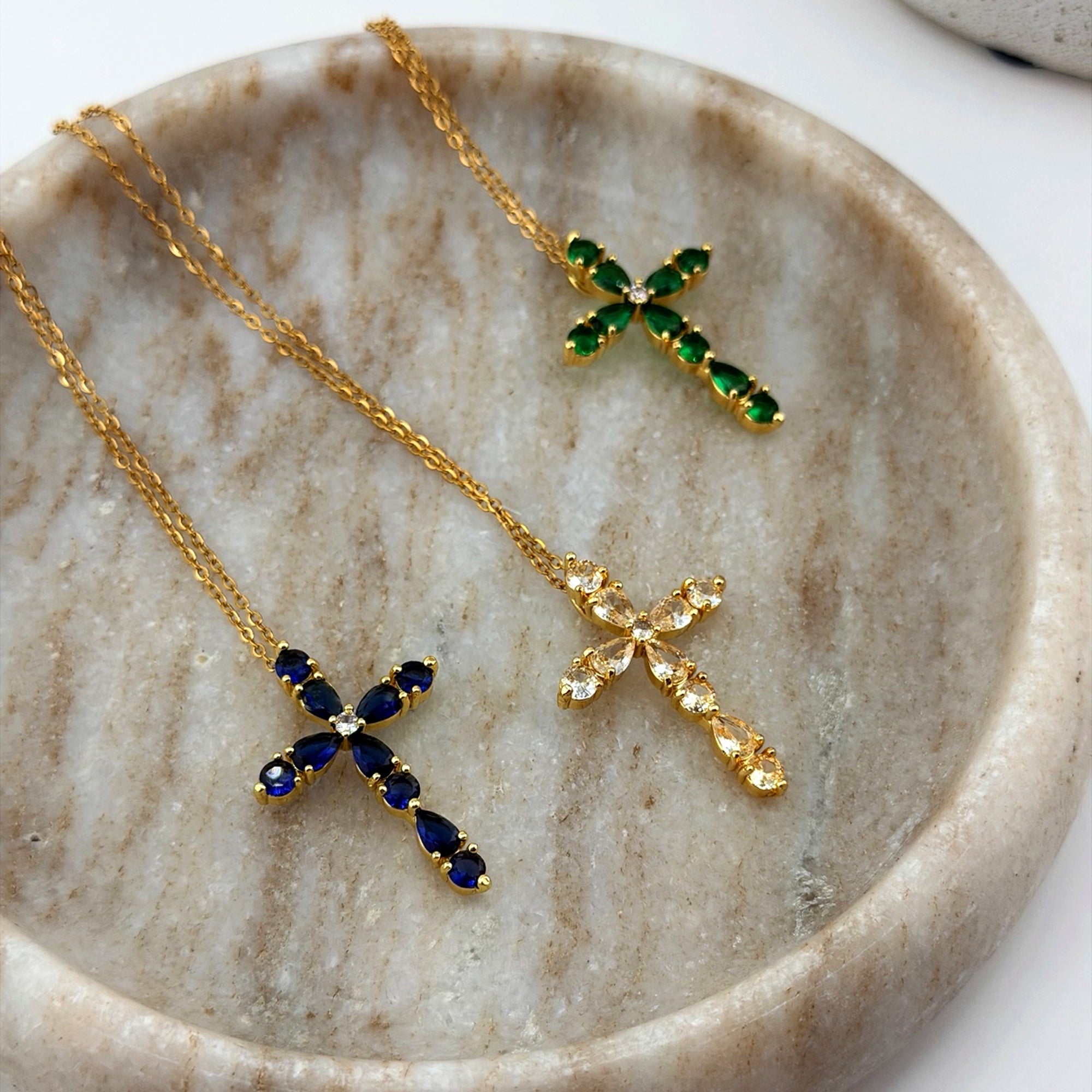 Clear Crystal Cross Necklace 18K Waterproof