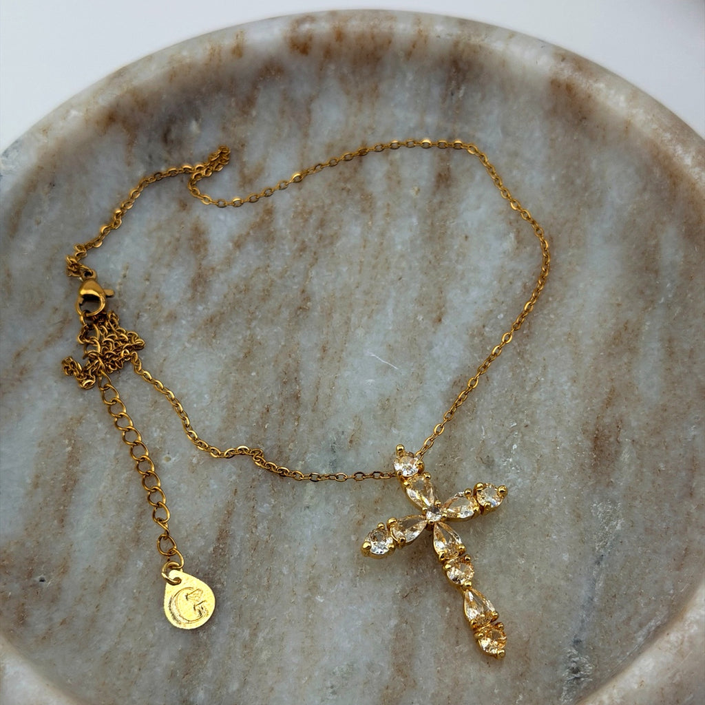 Clear Crystal Cross Necklace 18K Waterproof