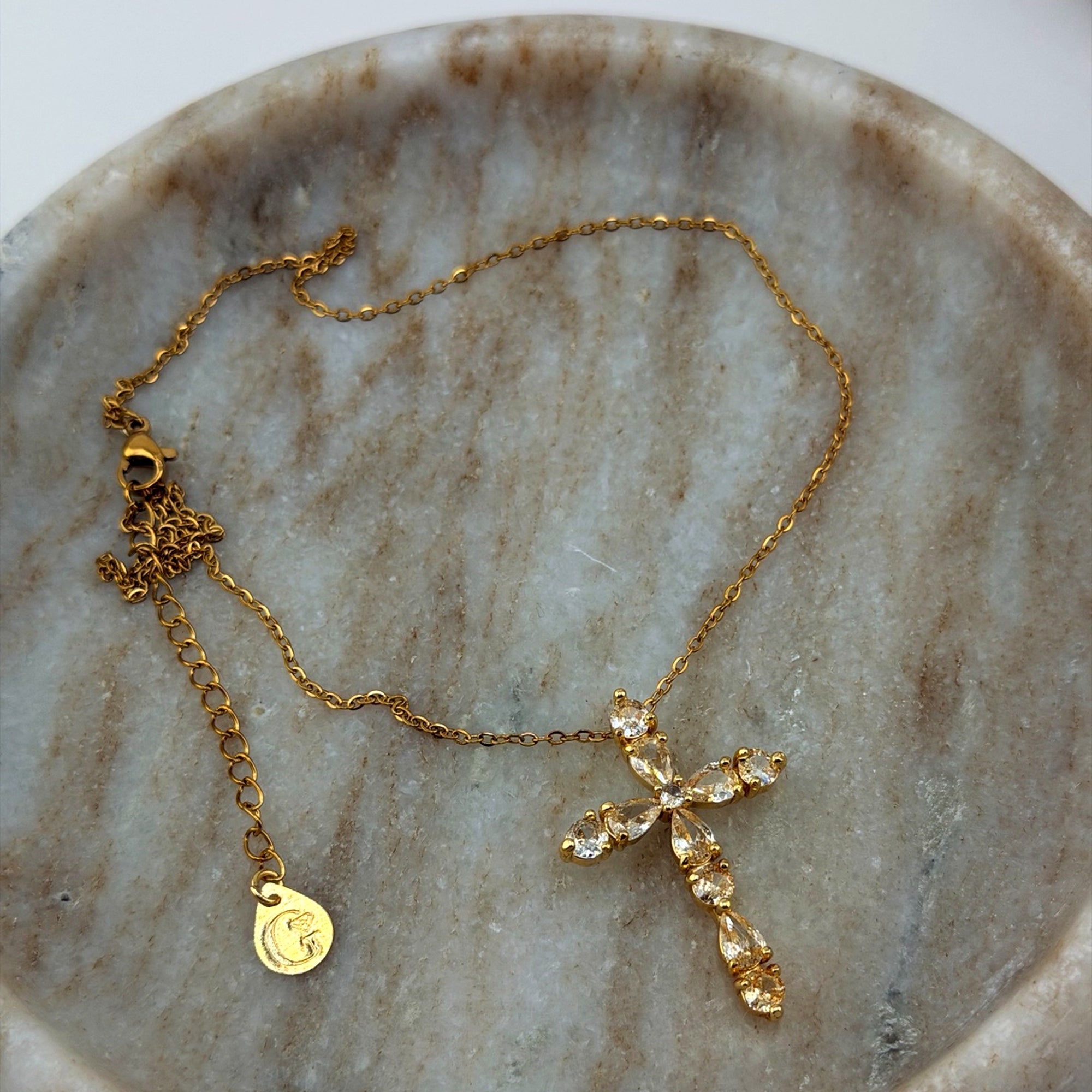 Clear Crystal Cross Necklace 18K Waterproof