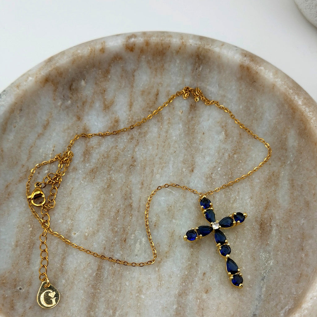 Blue Crystal Cross Necklace 18K Waterproof