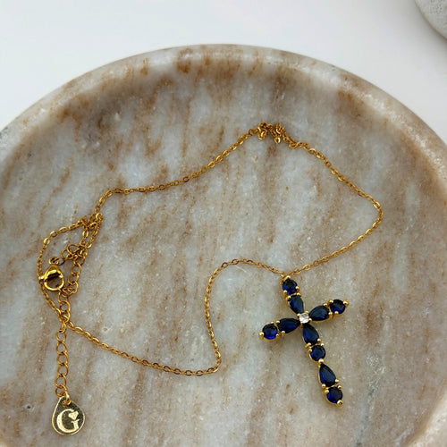 Blue Crystal Cross Necklace 18K Waterproof