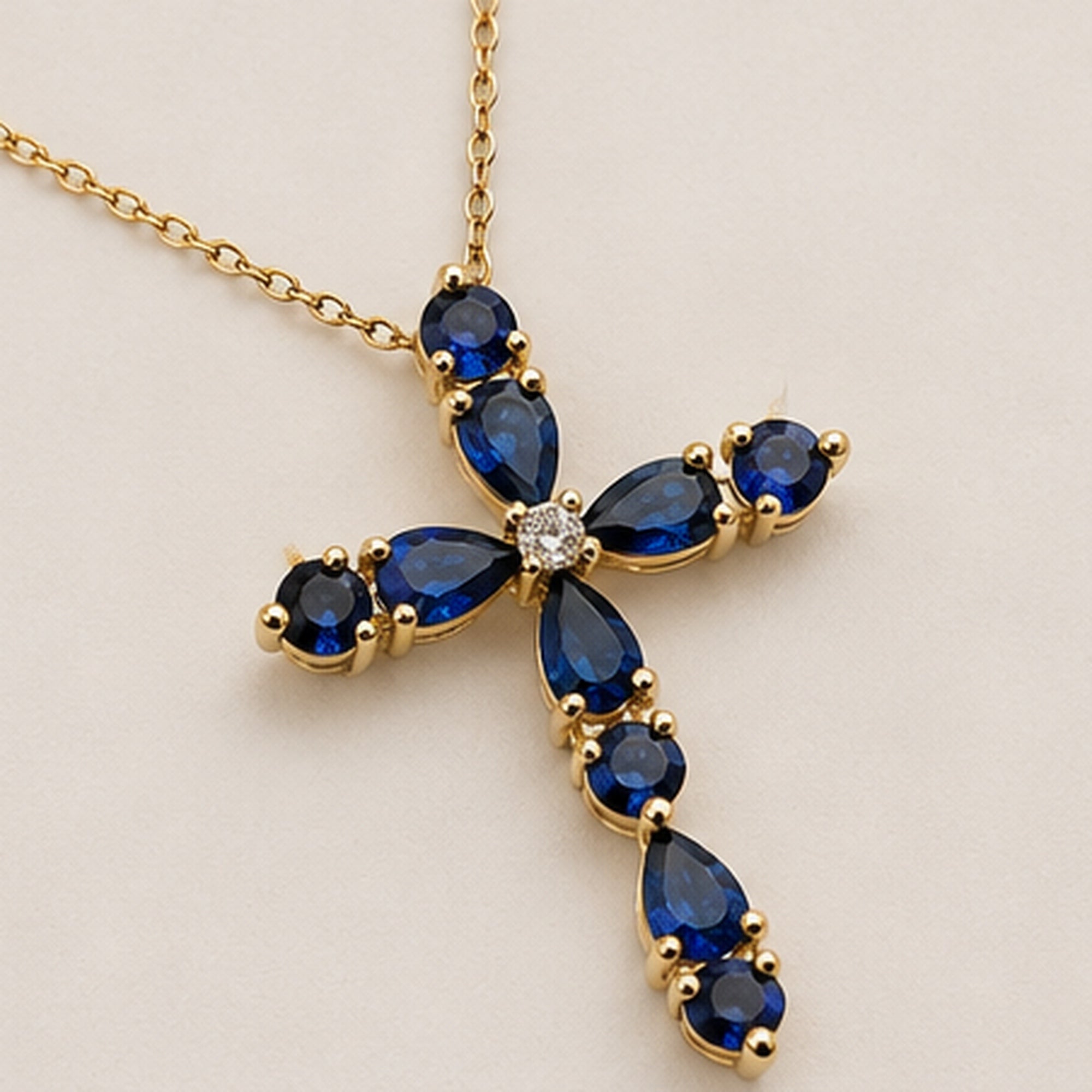 Blue Crystal Cross Necklace 18K Waterproof
