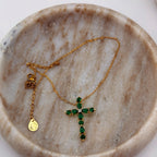 Green Crystal Cross Necklace 18K Waterproof