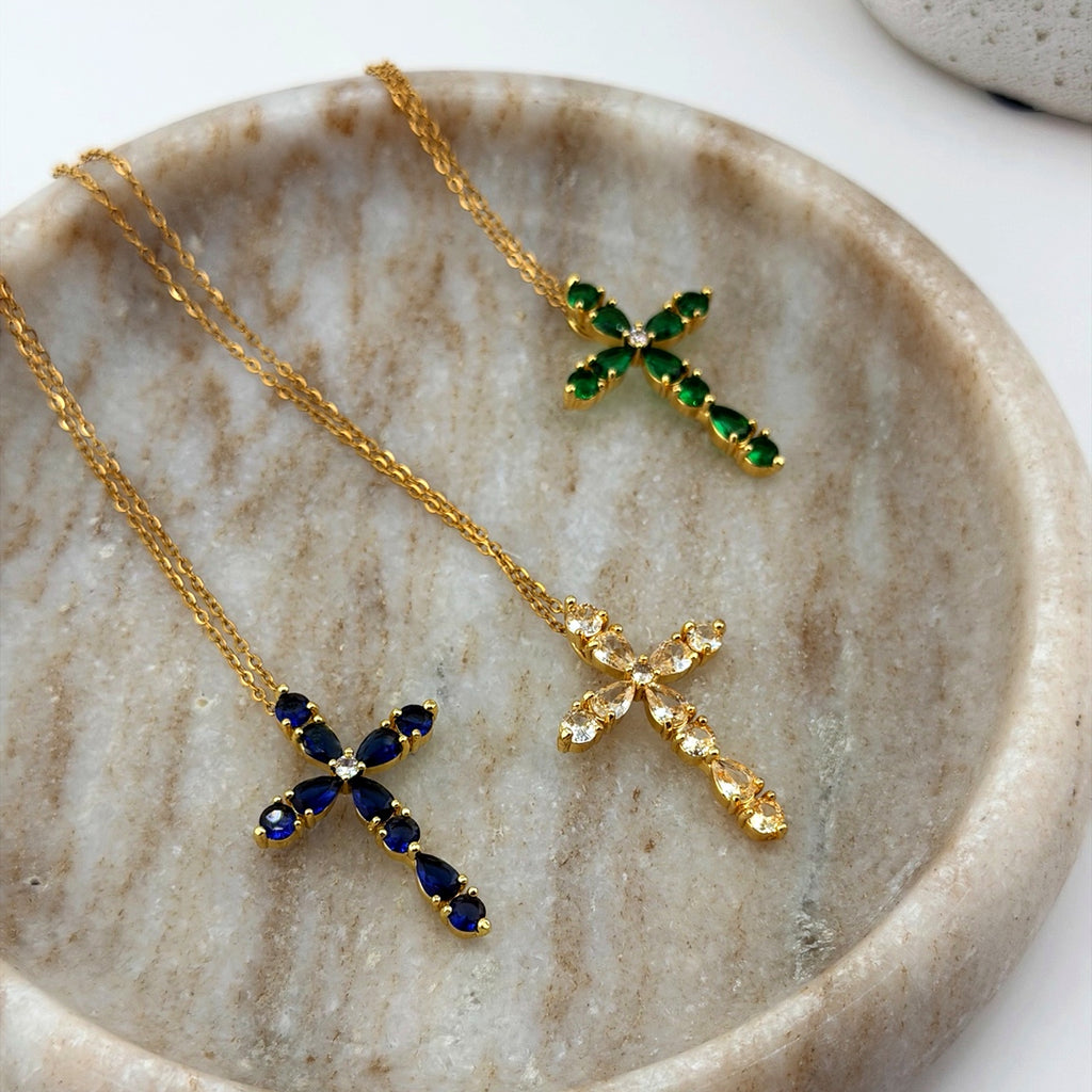 Green Crystal Cross Necklace 18K Waterproof