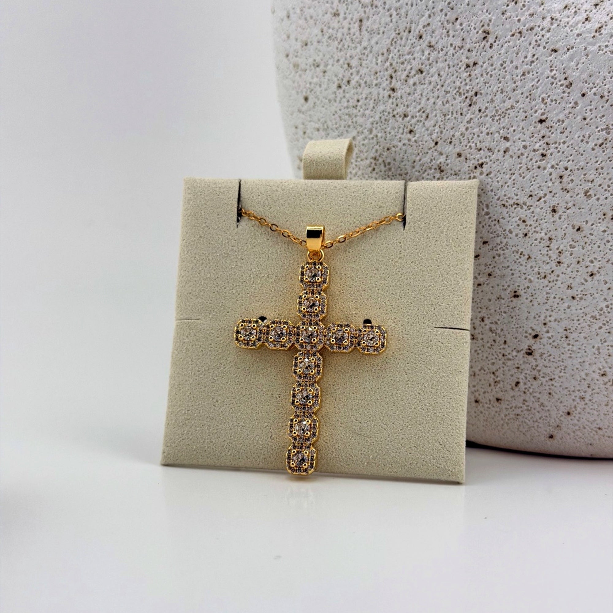 Large Clear Crystal Cross Necklace 18K Waterproof