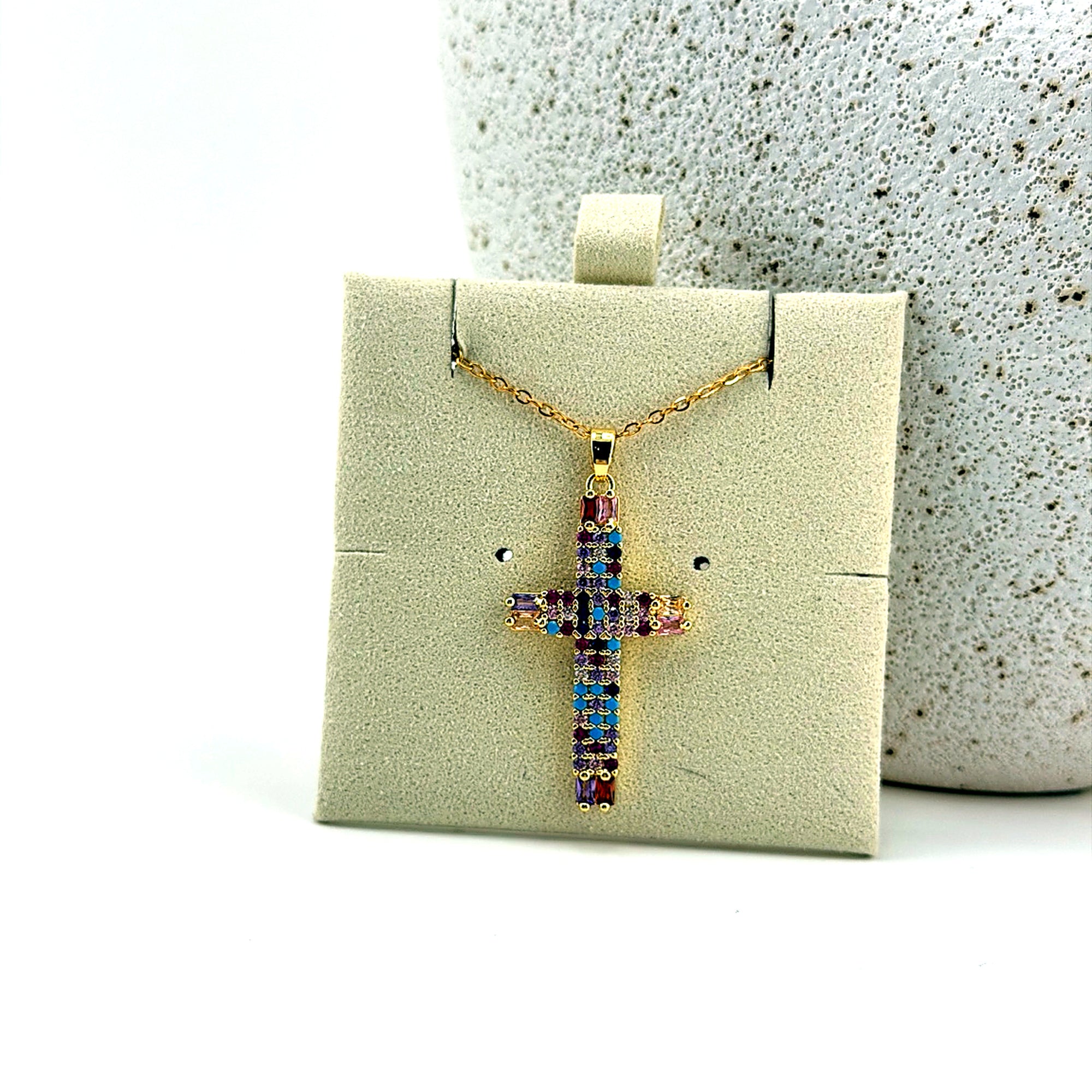 Multicolor Pavé Cross Necklace 18K Waterproof