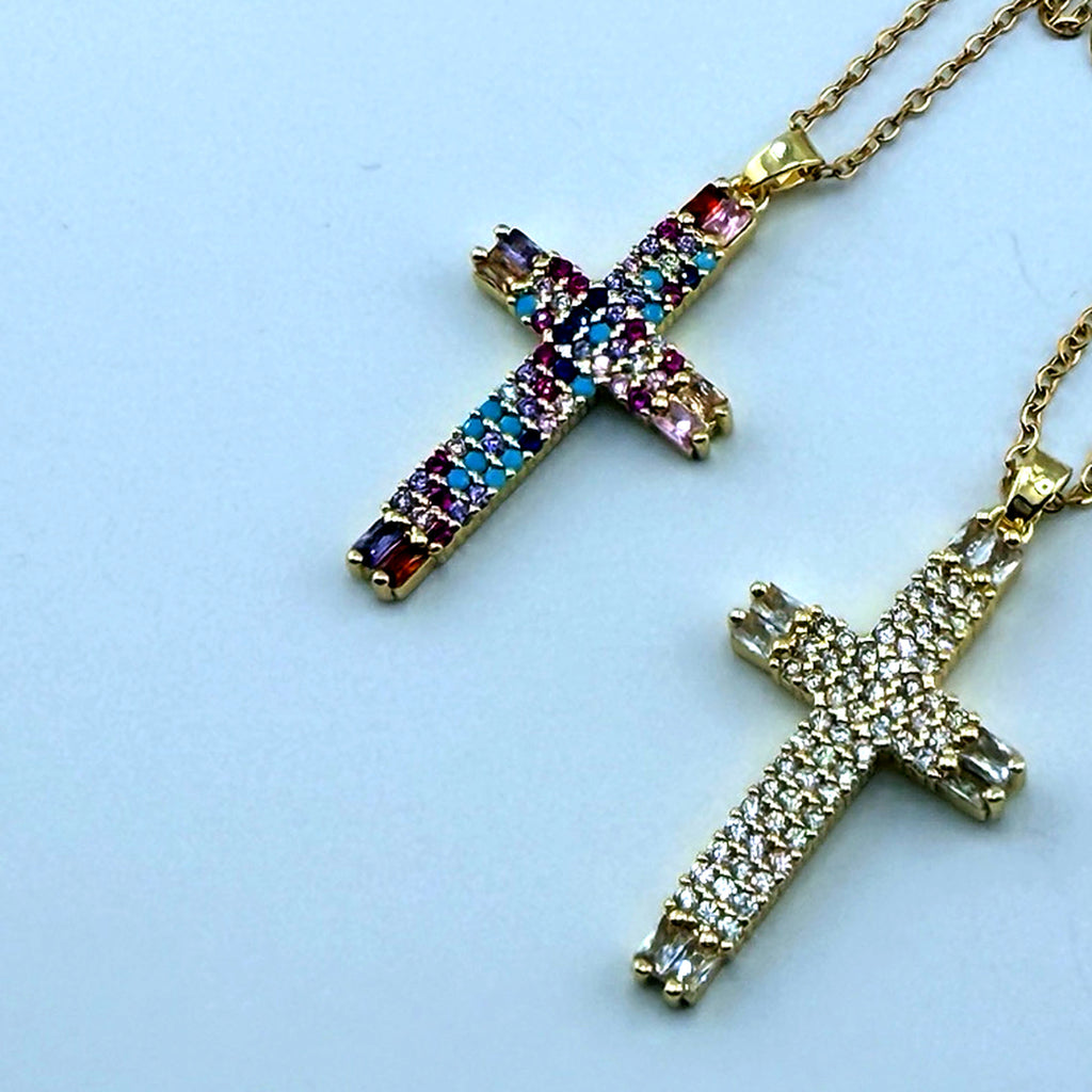 Multicolor Pavé Cross Necklace 18K Waterproof