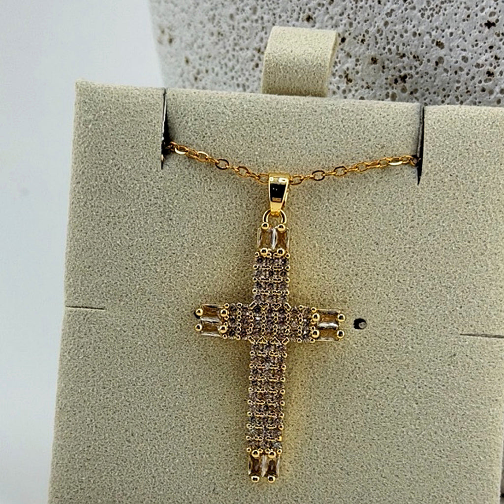 Clear Pavé Cross Necklace 18K Waterproof