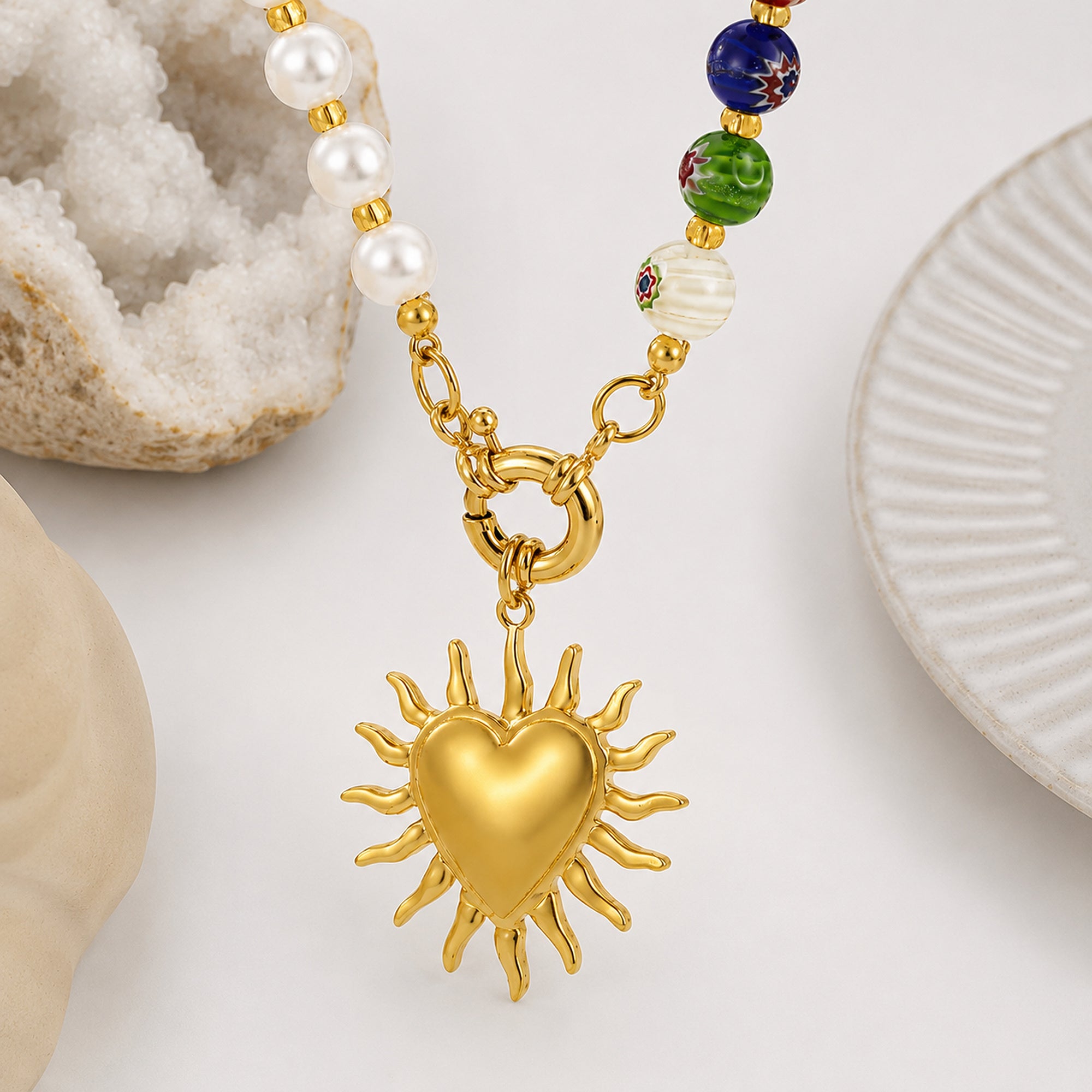 Pearl Necklace with Multicolor Heart Sun Pendant 18K Waterproof