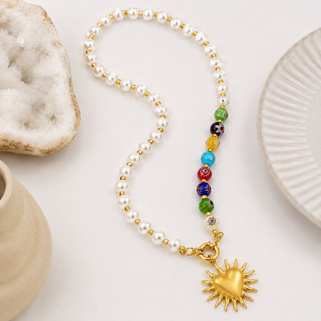 Pearl Necklace with Multicolor Heart Sun Pendant 18K Waterproof