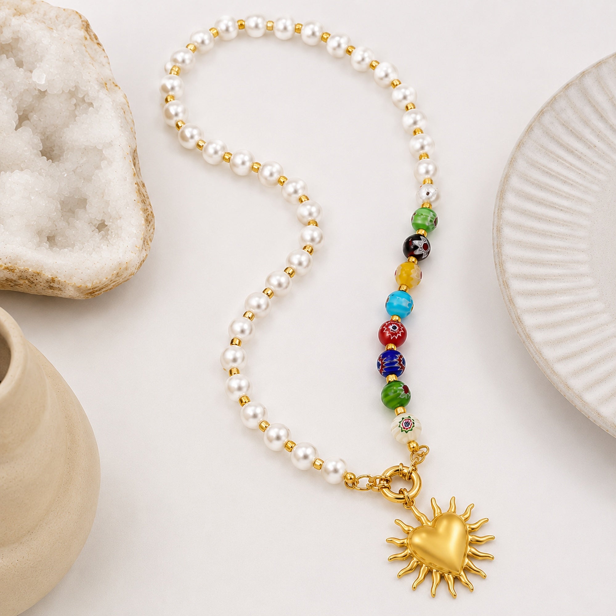 Pearl Necklace with Multicolor Heart Sun Pendant 18K Waterproof