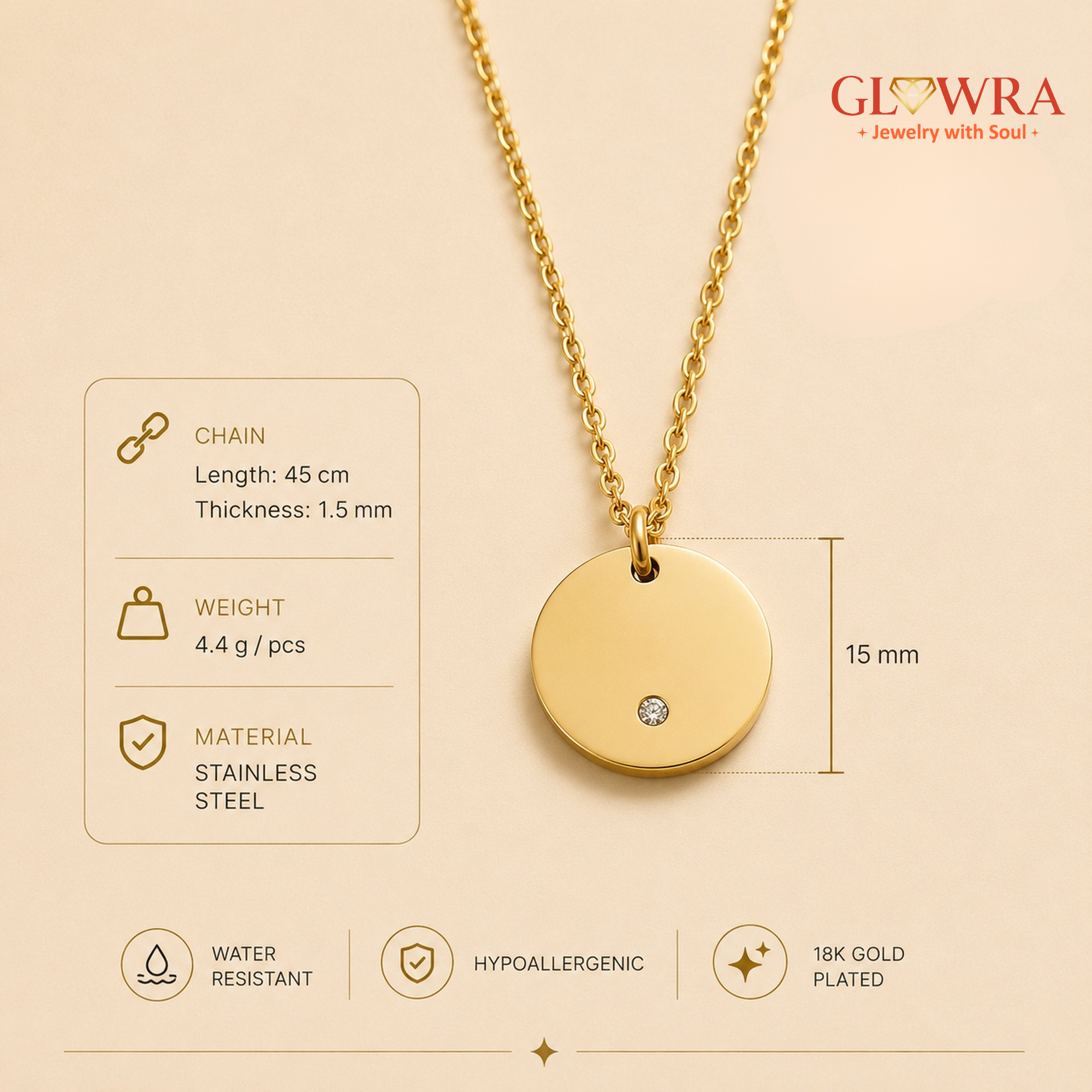 Personalized Round Charm Necklace 18K Waterproof